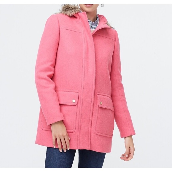 J.Crew Wool Blend Toggle Coat Faux Fur Hooded Pink Jacket Women's Size‎ 2 - Picture 1 of 15